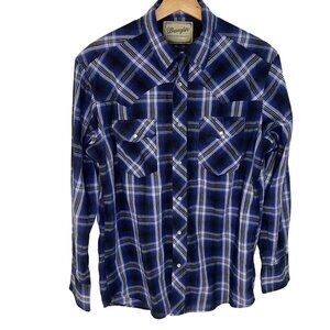 Vintage Wrangler Pearl Snap Western Shirt Men L? Blue Long Sleeve Lightweight